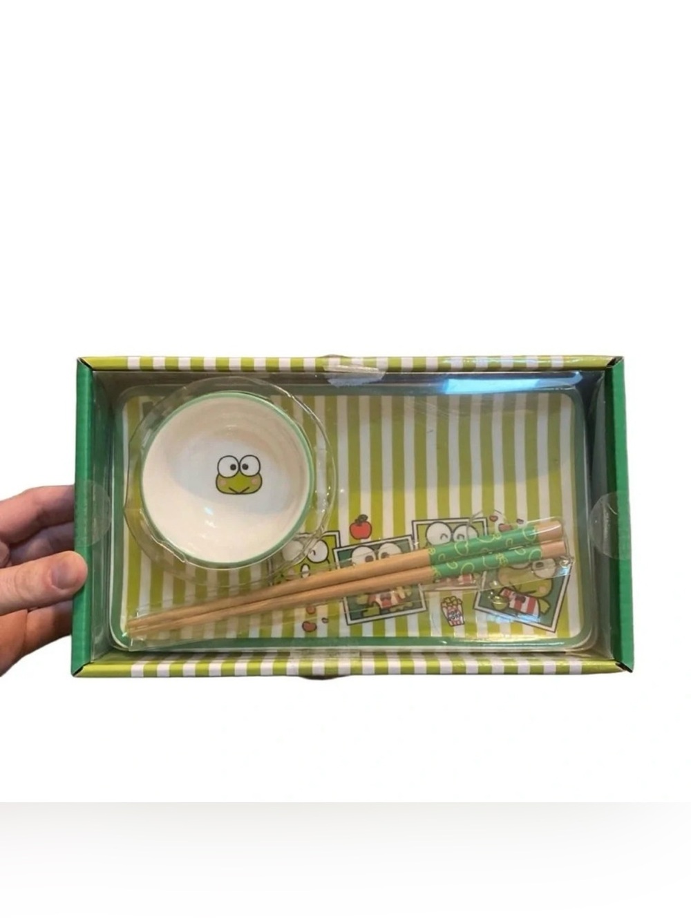 Sanrio Keroppi Ceramic Sushi Plate Set New NIB Dipping Bowl Chopsticks Striped